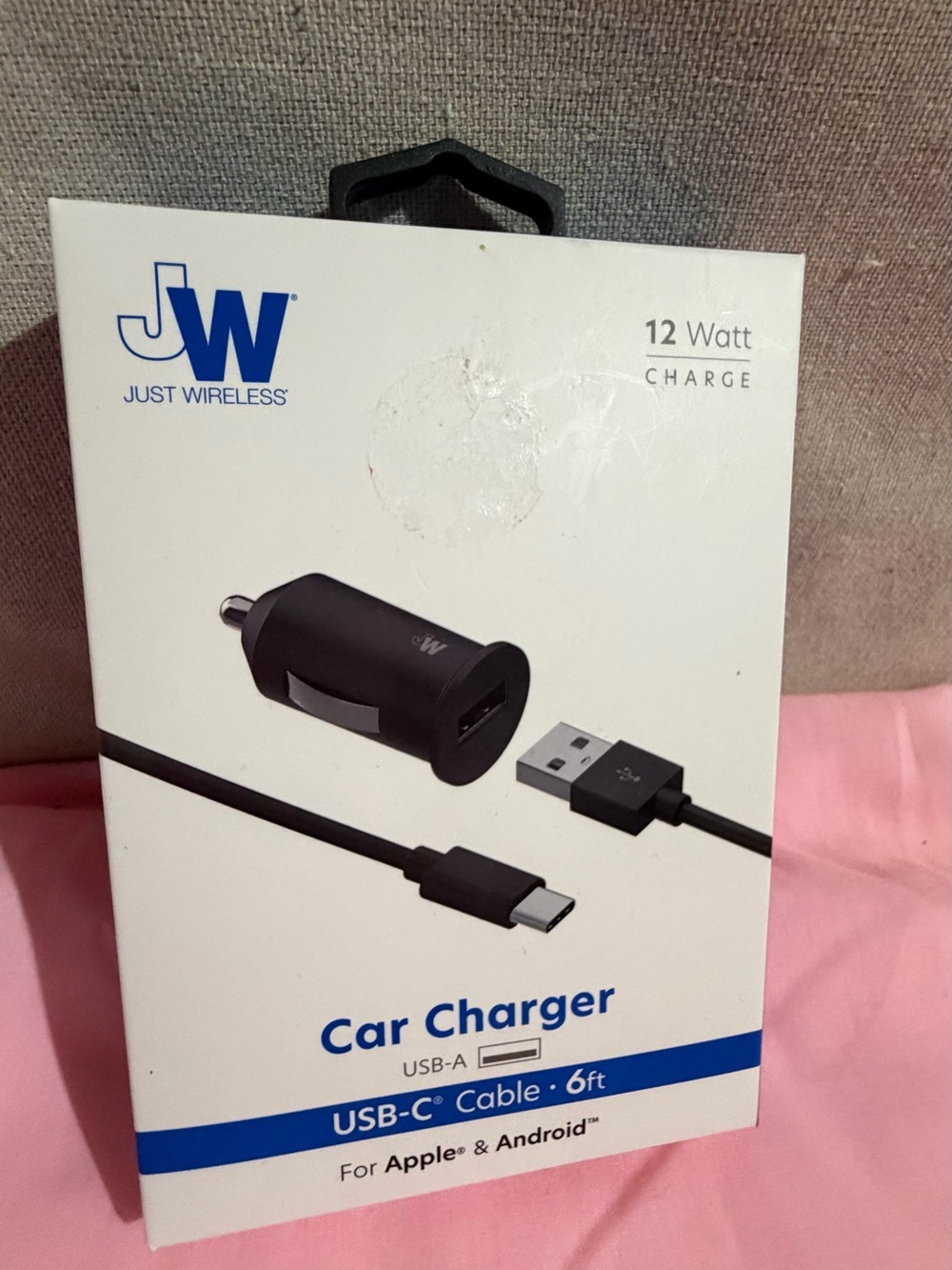 JW Just Wireless Black USB-C Car Charger with USB-A 6ft Cable - 12W